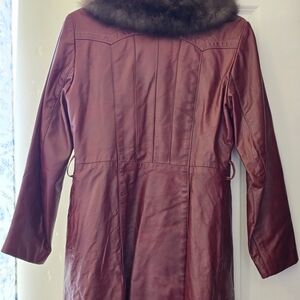 Women's Burgundy Leather Coat with Fur Collar